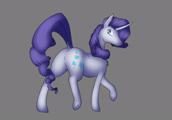 Size: 2048x1434 | Tagged: safe, artist:pegedraws, derpibooru import, rarity, pony, unicorn, g4, bipedal, butt, dock, featureless crotch, female, frog (hoof), gray background, horn, looking back, mare, my little pony: friendship is magic, plot, scar, simple background, tail, underhoof, walking