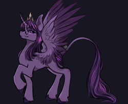 Size: 736x598 | Tagged: safe, artist:daqueenwolf, derpibooru import, twilight sparkle, twilight sparkle (alicorn), alicorn, pony, g4, black background, crown, fangs, female, glasses, horn, jewelry, leonine tail, mare, my little pony: friendship is magic, redesign, regalia, round glasses, signature, simple background, smiling, tail, three toned mane, unshorn fetlocks, wings