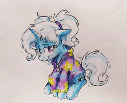 Size: 4096x3345 | Tagged: safe, artist:mirio_p2, derpibooru import, trixie, pony, unicorn, g4, female, gameloft, hair up, horn, mare, sitting, traditional art