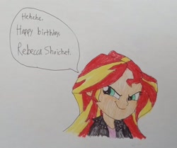 Size: 2600x2174 | Tagged: safe, anonymous artist, derpibooru exclusive, derpibooru import, sunset shimmer, human, equestria girls, g4, 2025, birthday, evil smile, female, happy birthday, rebecca shoichet, smiling, solo, speech bubble, traditional art, tribute