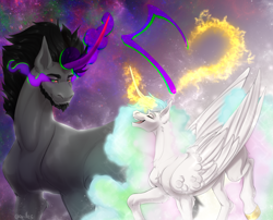 Size: 3160x2550 | Tagged: safe, derpibooru import, king sombra, princess celestia, alicorn, pony, unicorn, g4, alicornprincess, digitalart, digitalpainting, fanart, horn, kingsombra, magic, my little pony, my little pony: friendship is magic, princesscelestia, shipping