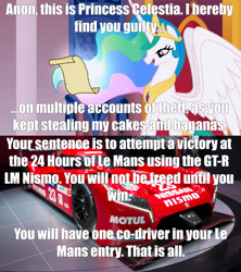 Size: 1021x1149 | Tagged: safe, derpibooru import, princess celestia, g4, 24 hours of le mans, banana, bananalestia, cake, cakelestia, car, food, implied filly anon, indoors, le mans, lmp1, nissan, nissan gt-r lm nismo, prototype car, punishment, racecar, this will end in a car crash, this will end in a red flag, this will end in an accident, this will end in hell, this will end in sleep deprivation, this will not end well, world endurance championship