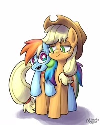 Size: 2000x2500 | Tagged: safe, artist:simpledoggo, derpibooru import, applejack, rainbow dash, earth pony, pegasus, pony, g4, appledash, applejack's hat, clothes, cowboy hat, duo, female, hat, lesbian, looking at each other, looking at someone, mare, shipping, simple background, white background