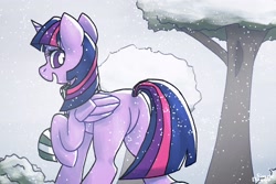 Size: 3000x2000 | Tagged: safe, artist:simpledoggo, derpibooru import, twilight sparkle, twilight sparkle (alicorn), alicorn, pony, g4, butt, clothes, featureless crotch, female, mare, outdoors, scarf, snow, snowfall, solo, tree, twibutt, winter