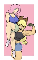 Size: 1781x2747 | Tagged: safe, artist:cyanrobo, derpibooru import, applejack, fluttershy, human, g4, abs, applejacked, applerack, appleshy, bicep flex, biceps, breasts, carrying, clothes, duo, duo female, eyes closed, female, flexing, gloves, grin, hootershy, humanized, lesbian, lifting, midriff, muscles, passepartout, shipping, shirt, shorts, smiling