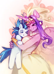 Size: 1371x1881 | Tagged: safe, artist:myscherri, derpibooru import, princess cadance, shining armor, alicorn, anthro, semi-anthro, unicorn, g4, blush lines, blushing, breasts, clothes, dress, duo, duo male and female, female, grin, height difference, horn, hug, male, mare, meme, princess cansdance, shiningcadance, shipping, smiling, stallion, straight, the bride and the ugly ass groom, wedding dress