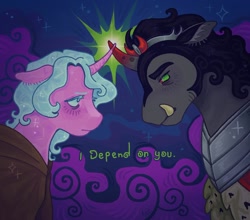 Size: 1440x1269 | Tagged: safe, artist:ariariari.png, derpibooru import, idw, king sombra, radiant hope, pony, umbrum, unicorn, g4, cloak, clothes, crown, duo, duo male and female, female, horn, jewelry, lyrics in the description, male, regalia, ship:hopebra, shipping, straight