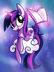 Size: 619x814 | Tagged: dead source, safe, artist:xxacidnekoxx, derpibooru import, twilight sparkle, pony, unicorn, g4, :p, book, bow, cloud, female, full body, horn, looking at you, mare, on a cloud, smiling, smiling at you, solo, space background, sparkles, tail, tail bow, tongue, tongue out