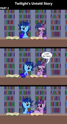 Size: 1920x3516 | Tagged: safe, artist:platinumdrop, derpibooru import, twilight sparkle, oc, oc:blue thunder, comic:twilight's untold story, g4, 3 panel comic, book, bored, colt, comic, commission, excited, female, filly, foal, happy, indoors, male, smiling, speech bubble