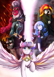 Size: 1600x2300 | Tagged: safe, artist:soursweet cheese, derpibooru import, king sombra, lord tirek, princess flurry heart, queen chrysalis, oc, alicorn, centaur, changeling, human, pony, taur, equestria girls, g4, alternate universe, clothes, crystal prep academy, hat, military uniform, sombra eyes, uniform