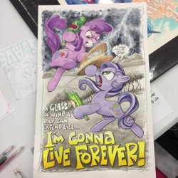 Size: 2048x2048 | Tagged: safe, artist:andypriceart, derpibooru import, berry punch, berryshine, earth pony, pony, g4, bottle, broken bottle, duo, duo female, female, highlander, irl, mare, photo, shield, speech bubble, traditional art, unnamed character, unnamed pony, wine bottle