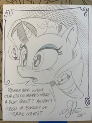 Size: 900x1200 | Tagged: safe, artist:andypriceart, derpibooru import, rarity, g4, solo, speech bubble, traditional art