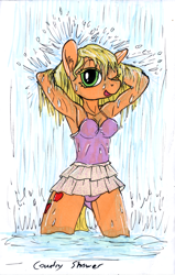 Size: 762x1200 | Tagged: safe, artist:sepiakeys, derpibooru import, applejack, anthro, earth pony, g4, armpits, arms in the air, blonde eyelashes, breasts, cleavage, clothes, collarbone, colored eyelashes, female, looking at you, missing accessory, one eye closed, one-piece swimsuit, out of character, partially submerged, solo, standing in water, swimsuit, traditional art, water, waterfall