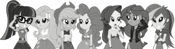 Size: 1998x568 | Tagged: safe, derpibooru import, edit, edited screencap, editor:pascalmulokozi2, screencap, applejack, fluttershy, pinkie pie, rainbow dash, rarity, sci-twi, sunset shimmer, twilight sparkle, human, eqg summertime shorts, equestria girls, g4, annoyed, applejack's hat, black and white, clothes, cowboy hat, embarrassed, embarrassed grin, epic fails, glasses, grayscale, hairpin, hat, humane five, humane seven, humane six, monochrome, not a vector, simple background, skirt, transparent background, unamused, worried, worried smile