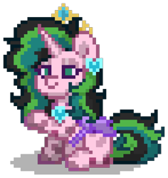 Size: 784x832 | Tagged: safe, derpibooru import, oc, oc only, oc:stolen love, alicorn, changeling, changepony, hybrid, pony, g4, alicorn oc, changeling wings, digital art, ear piercing, female, green eyes, horn, insect wings, interspecies offspring, jewelry, magical lesbian spawn, mare, multicolored hair, multicolored mane, multicolored tail, necklace, offspring, parent:princess cadance, parent:queen chrysalis, parents:cadalis, piercing, pink coat, pixel art, pony town, purple wings, raised hoof, raised leg, simple background, sitting, solo, tail, tiara, transparent background, wings