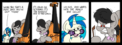 Size: 3414x1263 | Tagged: safe, artist:bobthedalek, derpibooru import, dj pon-3, octavia melody, vinyl scratch, earth pony, pony, unicorn, g4, angry, bowtie, cello, comic, dexterous hooves, dialogue, duo, fat joke, hoof hold, horn, messy mane, musical instrument, octavia is not amused, octobass, red eyes, unamused, vein bulge, vinyl's glasses