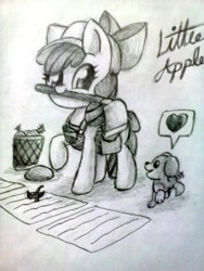 Size: 960x1280 | Tagged: safe, artist:arielsbx, derpibooru import, apple bloom, winona, dog, earth pony, pony, g4, ask little applebloom, chibi, duo, grayscale, hoe (tool), monochrome, mouth hold, puppy, solo, traditional art