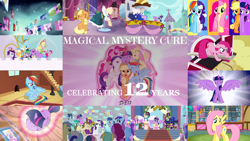 Size: 1280x721 | Tagged: safe, derpibooru import, editor:incredibubbleirishguy, editor:quoterific, applejack, fluttershy, pinkie pie, princess cadance, princess celestia, princess luna, rainbow dash, rarity, spike, twilight sparkle, twilight sparkle (alicorn), unicorn twilight, alicorn, earth pony, pegasus, pony, unicorn, g4, magical mystery cure, season 3, 12, 2013, 2025, a true true friend, celestia's ballad, clothes, coronation, coronation dress, dress, element of generosity, element of honesty, element of kindness, element of laughter, element of loyalty, element of magic, elements of harmony, female, magical mystery cure 12th anniversary, mane seven, mane six, mare, my little pony: friendship is magic, princess celestia's special princess making dimension, princess coronation, royal sisters, siblings, sisters, swapped cutie marks, text, what my cutie mark is telling me