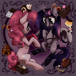 Size: 2153x2153 | Tagged: safe, artist:brainr0tter, derpibooru import, pinkie pie, twilight sparkle, twilight sparkle (alicorn), alicorn, earth pony, pony, g4, abstract background, cake, chocolate bar, chocolate cake, chocolate heart, clothes, cookie, duo, duo female, female, flan, food, heart, heart background, lesbian, mare, pudding, shipping, socks, striped socks, twinkie