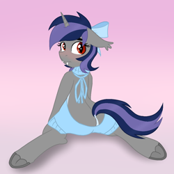 Size: 1080x1080 | Tagged: safe, artist:ghostpikachu, derpibooru exclusive, derpibooru import, oc, oc only, oc:dreaming star, bat pony, hybrid, unicorn, backless, base used, bat pony unicorn, blushing, bow, butt, clothes, crossdressing, fake eyelashes, fangs, femboy, frog (hoof), hair bow, hooves, horn, looking at you, looking back, looking back at you, male, open-back sweater, plot, raised tail, rear view, sitting, sleeveless, sleeveless sweater, solo, spread legs, spreading, stallion, sweater, tail, underhoof, virgin killer sweater