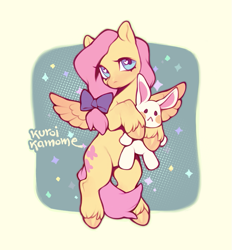 Size: 753x811 | Tagged: safe, artist:kuroikamome, derpibooru import, fluttershy, pegasus, pony, rabbit, g4, abstract background, animal, bow, bowtie, colored hooves, colored wings, cute, female, flying, hair bow, heart eyes, hooves, looking at you, mare, pink hair, plushie, shyabetes, signature, solo, sparkles, stars, unshorn fetlocks, wingding eyes, wings, yellow coat