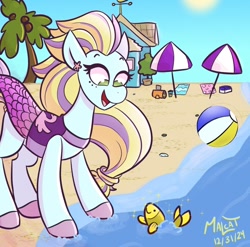 Size: 1000x988 | Tagged: safe, artist:malcat, derpibooru import, fish, horse, beach, beach ball, cap, clothes, coconut, coconut tree, dress, duo, ear piercing, earring, female, finley (wild manes), fish tail, hat, jewelry, mare, mermaid tail, ocean, open mouth, open smile, outdoors, palm tree, piercing, rock, sand, sky, smiling, sparkles, sun, tail, tree, umbrella, water, wild manes