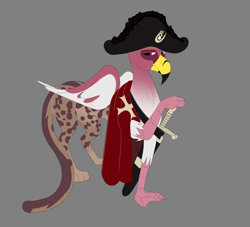 Size: 2440x2220 | Tagged: safe, artist:villegreen, derpibooru import, oc, oc only, oc:alessi doria, bird, cheetah, flamingo, griffon, bicorne, cape, clothes, gray background, griffon oc, hat, male, simple background, solo, sword, weapon