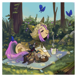 Size: 1686x1686 | Tagged: oc name needed, safe, artist:weird--fish, derpibooru import, oc, oc only, oc:leify, butterfly, pony, eyes closed, floral head wreath, flower, hood, lying down, mug, outdoors, picnic blanket, plushie, prone, smiling, solo, tree