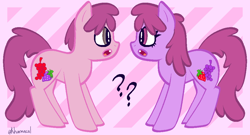 Size: 1024x552 | Tagged: safe, artist:kharmacal, derpibooru exclusive, derpibooru import, berry punch, berryshine, earth pony, pony, g4, :o, colored lineart, open mouth, passepartout, pixel-crisp art, question mark, self paradox, self ponidox, striped background, wingding eyes