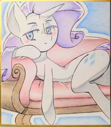 Size: 2599x2970 | Tagged: safe, artist:mush_tewi, derpibooru import, rarity, pony, unicorn, g4, blushing, butt, fainting couch, female, high res, horn, lying down, mare, on side, plot, smiling, solo, traditional art