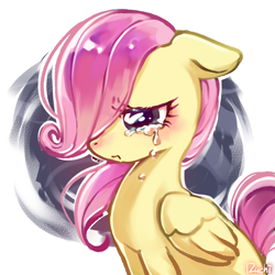 Size: 2048x2048 | Tagged: safe, artist:izuchi, derpibooru import, fluttershy, pegasus, pony, g4, crying, female, filly, filly fluttershy, foal, simple background, solo, white background, younger