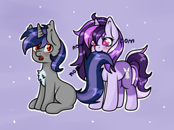 Size: 1742x1304 | Tagged: safe, artist:nikkolover12, derpibooru import, oc, oc only, oc:dreaming bell, oc:dreaming star, bat pony, hybrid, unicorn, bat pony unicorn, biting, brother and sister, chest fluff, commission, cute, duo, fangs, female, horn, male, mare, nom, siblings, stallion, tail, tail bite, ych result