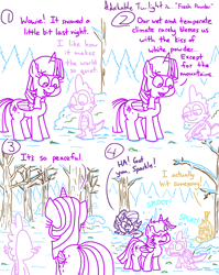 Size: 4779x6013 | Tagged: safe, artist:adorkabletwilightandfriends, derpibooru import, moondancer, spike, starlight glimmer, twilight sparkle, twilight sparkle (alicorn), alicorn, dragon, pony, unicorn, comic:adorkable twilight and friends, g4, adorkable, adorkable twilight, attack, back of head, butt, calm, cold, comic, crouching, cute, dork, footprint, forest, hoofprint, hoofprints, horn, humor, nature, peaceful, plot, rear view, scenery, slice of life, smiling, snow, snowball, snowball fight, surprised, tail, tree, winter