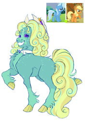 Size: 1236x1757 | Tagged: safe, artist:cactiflowers, derpibooru import, applejack, trixie, oc, oc:empire apple, earth pony, pony, g4, female, hat, magical lesbian spawn, mare, offspring, parent:applejack, parent:trixie, parents:tripplejack, simple background, white background