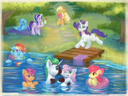 Size: 4000x3000 | Tagged: safe, artist:thejustbee_art, derpibooru import, apple bloom, applejack, rainbow dash, rarity, scootaloo, starlight glimmer, sweetie belle, trixie, oc, earth pony, pegasus, pony, unicorn, g4, apple bloom's bow, apple sisters, applejack's hat, belle sisters, bow, clothes, cowboy hat, cutie mark crusaders, drink, female, filly, foal, grumpy, hair bow, hair bun, hat, horn, inner tube, lake, lying down, magic, male, mare, outdoors, passepartout, pier, pool toy, prone, siblings, sisters, stallion, telekinesis, towel, water