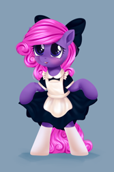 Size: 1500x2250 | Tagged: safe, artist:thejustbee_art, derpibooru import, oc, oc only, earth pony, pony, bipedal, bow, clothes, curtsey, hair bow, heart, heart eyes, maid, simple background, socks, solo, wingding eyes