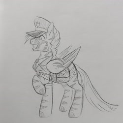 Size: 2970x2970 | Tagged: safe, artist:hkpegasister, derpibooru import, oc, hybrid, pegasus, zebra, zony, bag, happy, male, postman's hat, solo, solo male, standing, traditional art, zebra oc, zebrasus