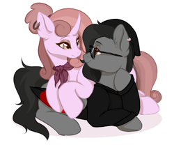 Size: 1200x1000 | Tagged: safe, artist:thejustbee_art, derpibooru import, oc, pegasus, pony, unicorn, beanie, clothes, curved horn, duo, ear piercing, earring, female, glasses, hat, horn, jewelry, looking at each other, looking at someone, mare, oc x oc, piercing, shipping, simple background, white background