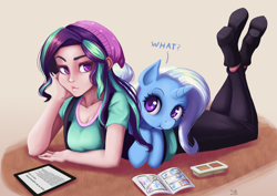 Size: 1414x1000 | Tagged: safe, artist:the-park, derpibooru import, starlight glimmer, trixie, human, pony, unicorn, equestria girls, g4, beanie, breasts, cleavage, clothes, comic book, crackers, dialogue, duo, duo female, eyebrows, female, food, hat, horn, human and pony, human coloration, humanized, light skin, looking at each other, looking at someone, lying down, mare, peanut butter, peanut butter crackers, prone, raised eyebrow, raised leg, tablet