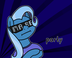 Size: 2048x1644 | Tagged: safe, artist:ewoudcponies, derpibooru import, trixie, pony, unicorn, g4, :i, bust, clothes, crossed hooves, female, horn, mare, missing horn, outline, shirt, solo, sunburst background, sunglasses, text, white outline