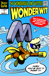 Size: 550x850 | Tagged: safe, artist:mod wit, derpibooru import, oc, oc:bananas wit, askbananaswit, boots, cape, carrying, clothes, cloud, comic book, comic book cover, comic cover, cover, cover art, flying, font, gloves, heavy, hero, hoof hold, looking at you, m, mask, seal of approval, shoes, sky, speech bubble, steel, super strength, superhero, superhero costume