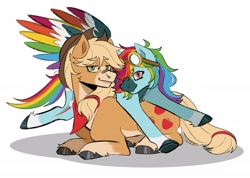 Size: 2250x1600 | Tagged: safe, artist:slapearl, derpibooru import, applejack, rainbow dash, earth pony, pegasus, pony, g4, alternate design, alternate hairstyle, appledash, applejack's hat, band-aid, band-aid on nose, bandana, clothes, coat markings, cowboy hat, duo, duo female, female, freckles, goggles, goggles on head, grin, hat, lesbian, lying down, mare, prone, redesign, shipping, simple background, smiling, unshorn fetlocks, white background