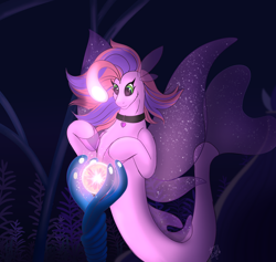 Size: 1280x1211 | Tagged: safe, artist:shamy-crist, derpibooru import, oc, oc only, oc:lilac, seapony (g4), bioluminescent, bubble, commission, coral, dorsal fin, female, fin, fin ears, fin wings, fins, fish tail, flowing mane, flowing tail, glowing, ocean, queen novo's orb, reef, scales, seaquestria, seaweed, smiling, solo, swimming, tail, throne room, underwater, water, wings