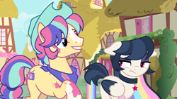 Size: 1334x750 | Tagged: safe, artist:glowfangs, derpibooru import, oc, oc:indiglow, oc:texas chainsaw massacre, earth pony, pegasus, pony, colored wings, female, hat, magical lesbian spawn, male, mare, offspring, parent:applejack, parent:fluttershy, parent:octavia melody, parent:vinyl scratch, parents:appleshy, parents:scratchtavia, stallion, two toned wings, wings