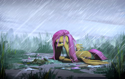 Size: 2820x1785 | Tagged: safe, artist:ruffu, derpibooru import, fluttershy, pegasus, pony, g4, cloud, crying, ears, female, floppy ears, flower, grass, lying, lying down, mare, prone, puddle, rain, sad, sky, solo, tall grass, wet, wet mane