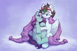 Size: 4095x2709 | Tagged: safe, artist:amishy, derpibooru import, oc, oc only, oc:gryph xander, oc:parallel pop, pegasus, pony, unicorn, blanket, cuddling, duo, duo male and female, female, goggles, goggles on head, horn, hug, looking at each other, looking at someone, male, mare, oc x oc, shipping, smiling, smiling at each other, stallion, straight