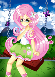 Size: 2122x2976 | Tagged: safe, artist:sailorglittercure, derpibooru import, fluttershy, butterfly, human, equestria girls, g4, blushing, clothes, cloud, cloudy, cyan eyes, detailed background, female, fluttershy's skirt, grass, grass field, looking at you, outdoors, pink hair, river, shirt, skirt, sky, solo, swing, swinging, water, white shirt, yellow skin