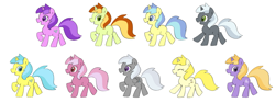 Size: 1200x450 | Tagged: safe, artist:tsukisayu, derpibooru import, amethyst star, lemony gem, peachy pitt, silverspeed, sparkler, pegasus, pony, unicorn, g4, :d, ^^, aside glance, background pony, cyan mane, cyan tail, eyes closed, female, folded wings, fuchsia fizz, full body, gray coat, gray mane, gray tail, grin, group, horn, lavender mane, lavender tail, lilac notes, looking at you, looking forward, mare, monochrome sunset, open mouth, open smile, passionate (g4), perfect timing (g4), purple coat, red eyes, red mane, red tail, side view, simple background, smiling, smiling at you, tail, two toned mane, walking, white background, wings