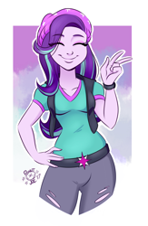 Size: 2992x4576 | Tagged: safe, artist:ponut_joe, derpibooru import, edit, starlight glimmer, human, equestria girls, g4, beanie, belt, breasts, clothes, cute, denim, eye clipping through hair, eyes closed, female, glimmerbetes, hand on hip, happy, hat, jeans, pants, passepartout, peace sign, ripped jeans, ripped pants, shirt, smiling, solo, teenager, torn clothes, vest