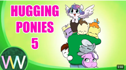 Size: 800x445 | Tagged: safe, artist:doublewbrothers, derpibooru import, diamond tiara, dinky hooves, pipsqueak, pound cake, princess flurry heart, pumpkin cake, silver spoon, alicorn, earth pony, human, pegasus, pony, series:hugging ponies, g4, eyes closed, female, hug, male, mare, open mouth, open smile, smiling, youtube link